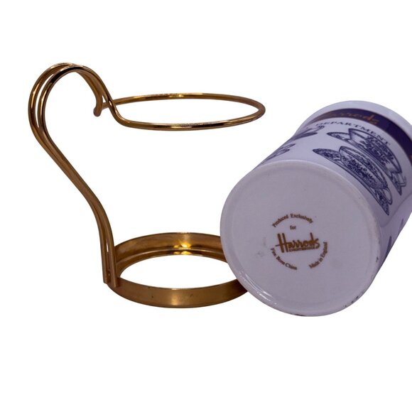 Vintage Harrods Fine Bone China Department Mug Blue Teacup Brass Holder - Picture 2 of 4